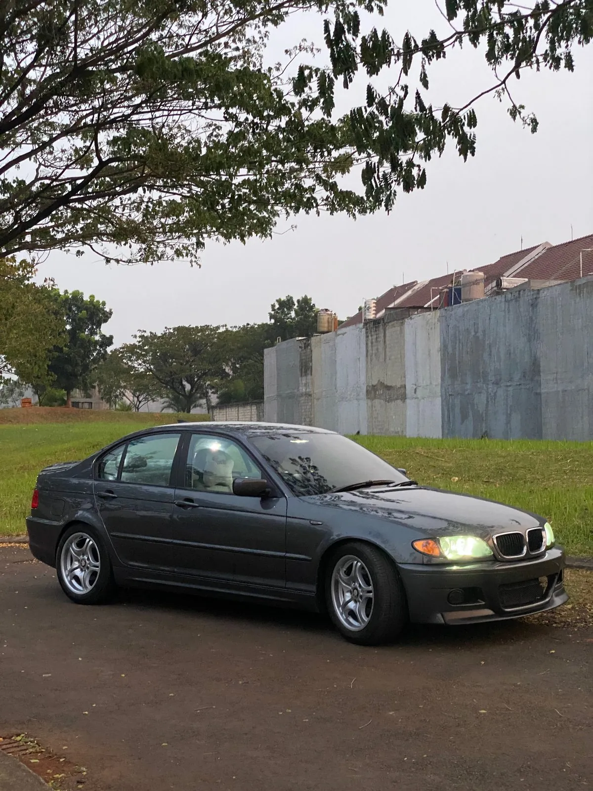 Finished dark grey E46 side three-quarter in the park at dusk