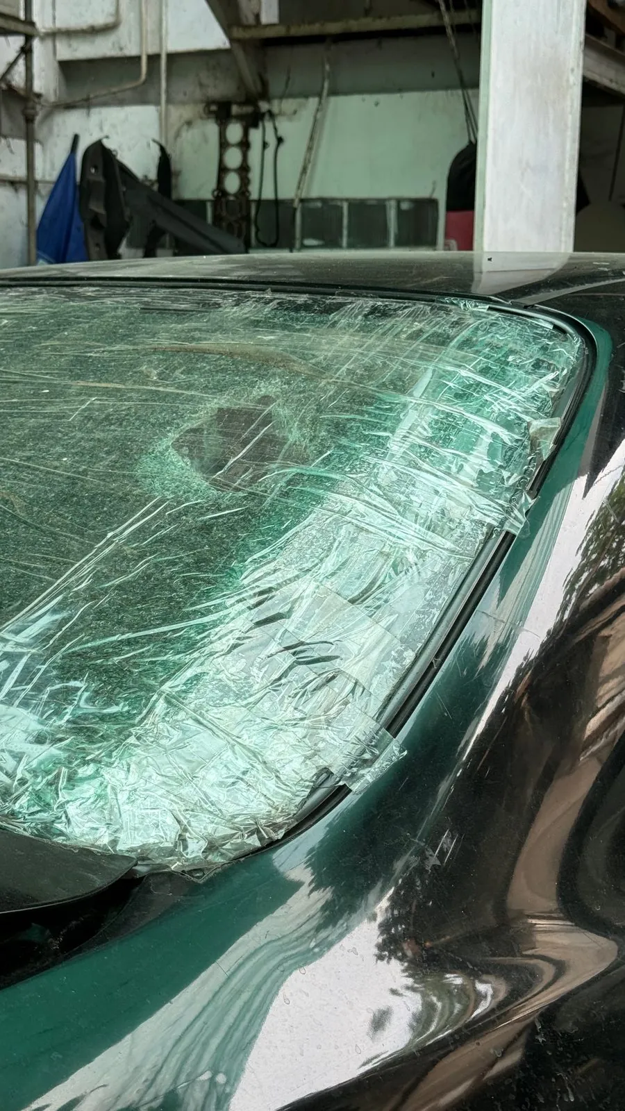 Shattered rear window glass on the Accord, crazed pattern